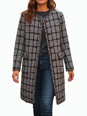NEW Kate Spade New York Collarless Tweed Ruffle Topper Coat Powder Blue Size 2
